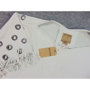 True Religion Leather Jacket Poncho Womens Med White Silver Gray Fringes Soft